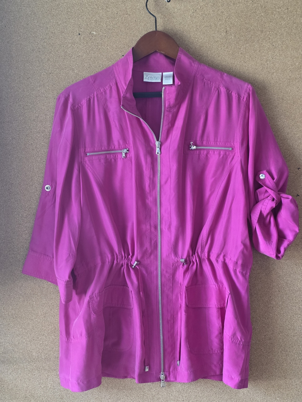 Chicos Zenergy Silk Utility Jacket Size 2 Large Magenta Pink Anorak Drawstring